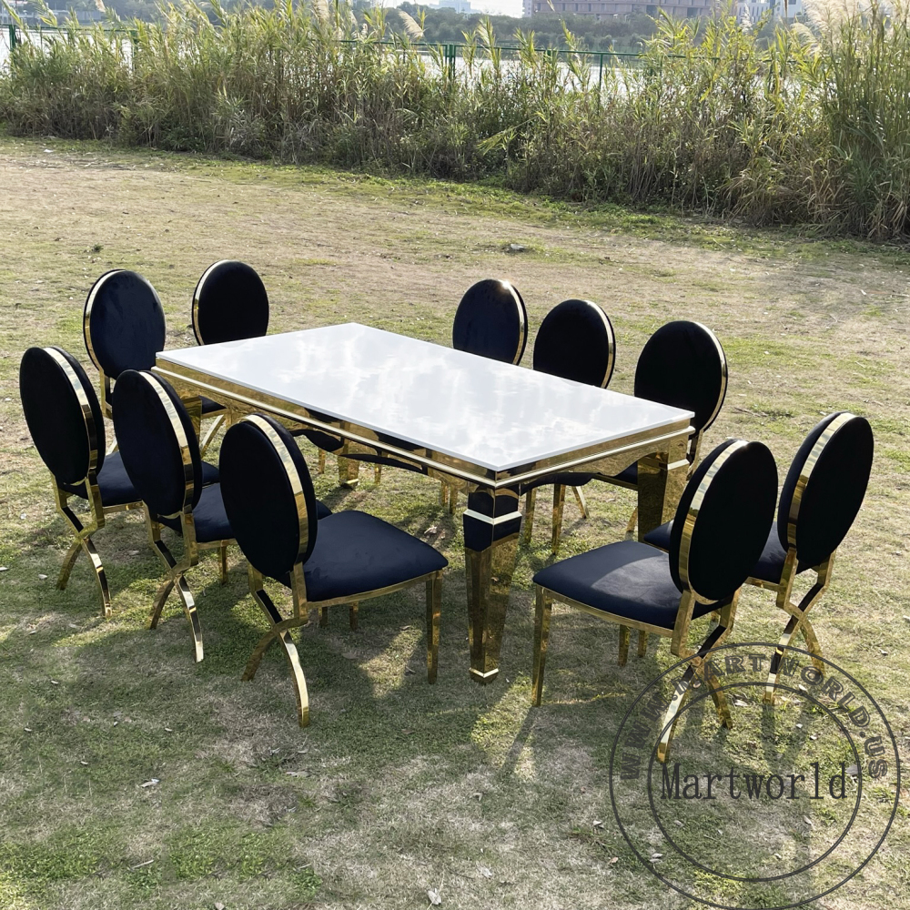 large rectanglar table home decoration modern shiny surface stainless steel rectangle table bottom golden corner white wooden desktop indoor outdoor table wedding party event hotel hall dinning decoration