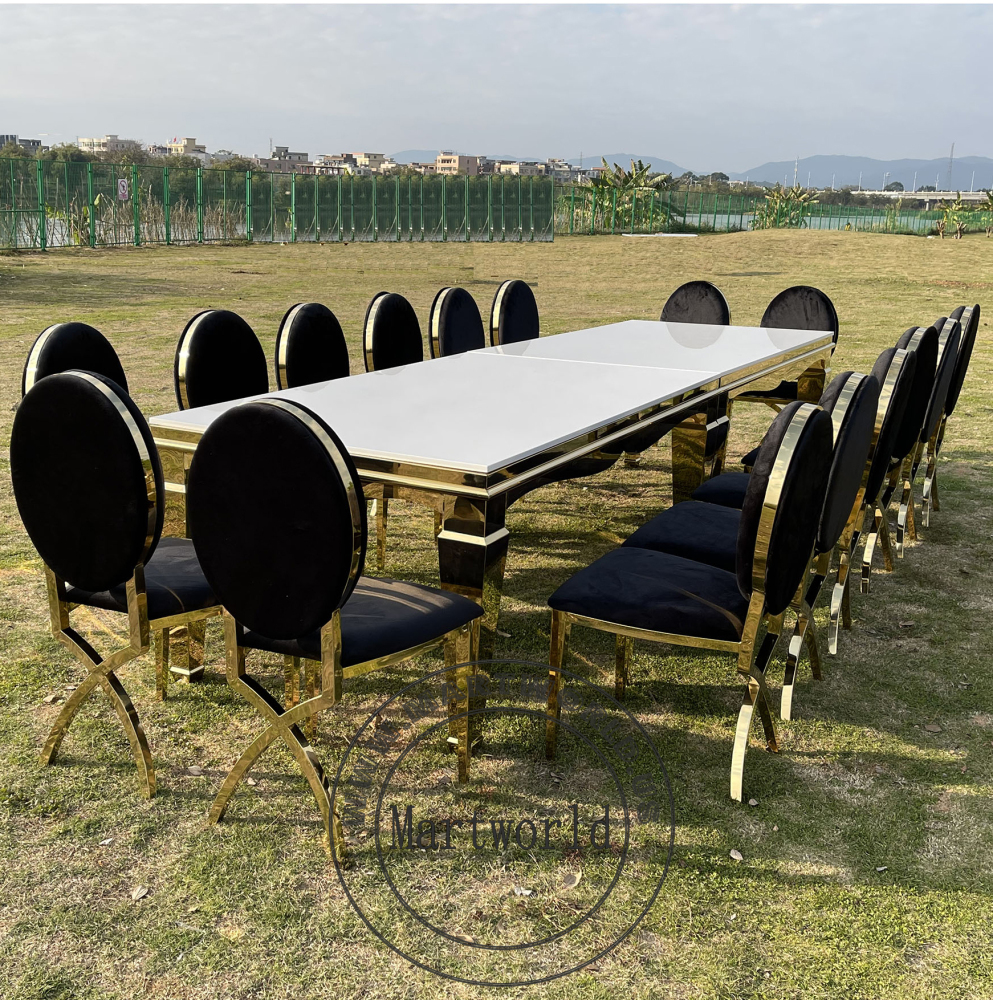 large rectanglar table home decoration modern shiny surface stainless steel rectangle table bottom golden corner white wooden desktop indoor outdoor table wedding party event hotel hall dinning decoration