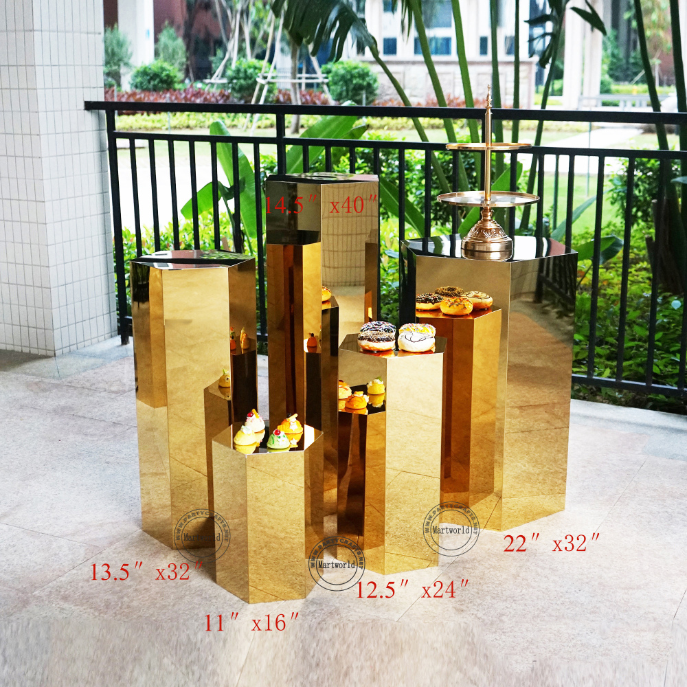 gold pedestal stand  aisle decoration hexagon stand home decoration art display stands cake candy table wedding birthday party event  baby shower bar table decoration