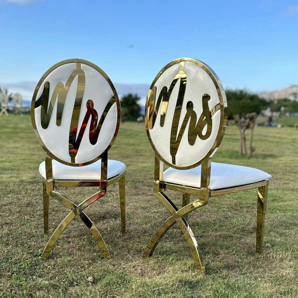 Mr & Mrs Wedding Chairs Set Gold Metal Dining Chairs Bridal Shower Ceremony Birthday Party Event Decoration Chairs with Interchangeable Back Logo