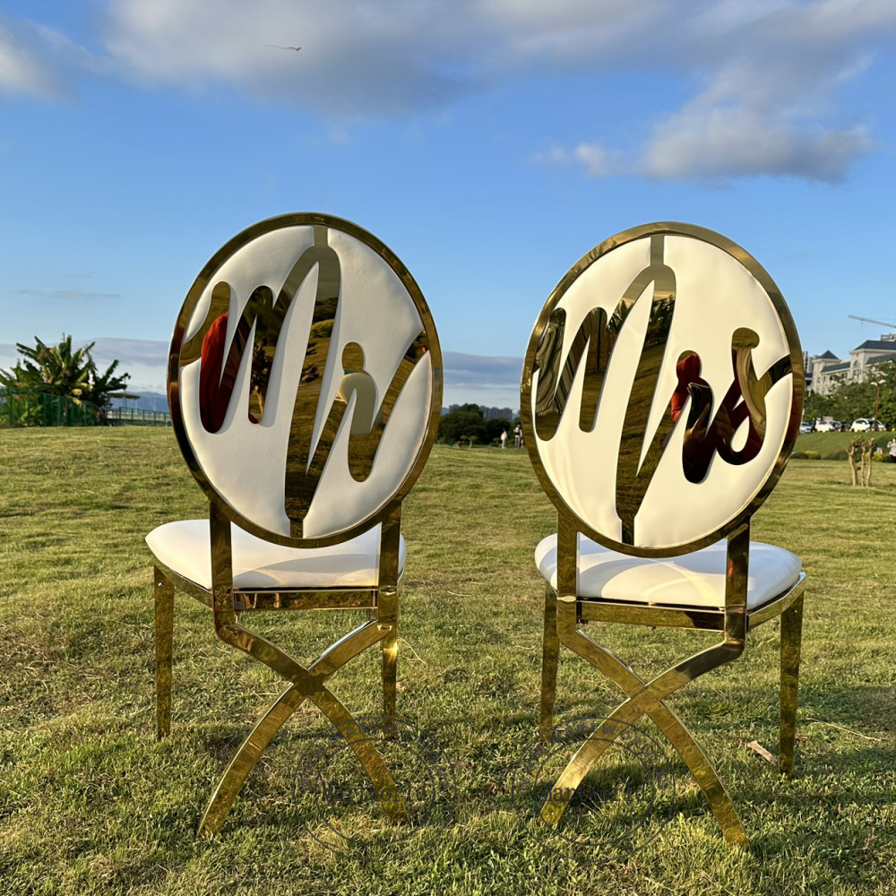 Mr & Mrs Wedding Chairs Set Gold Metal Dining Chairs Bridal Shower Ceremony Birthday Party Event Decoration Chairs with Interchangeable Back Logo