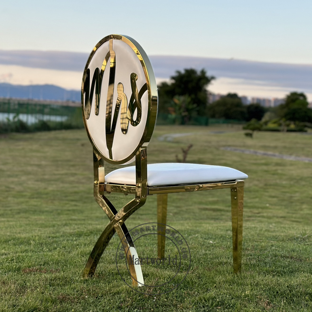 Mr & Mrs Wedding Chairs Set Gold Metal Dining Chairs Bridal Shower Ceremony Birthday Party Event Decoration Chairs with Interchangeable Back Logo