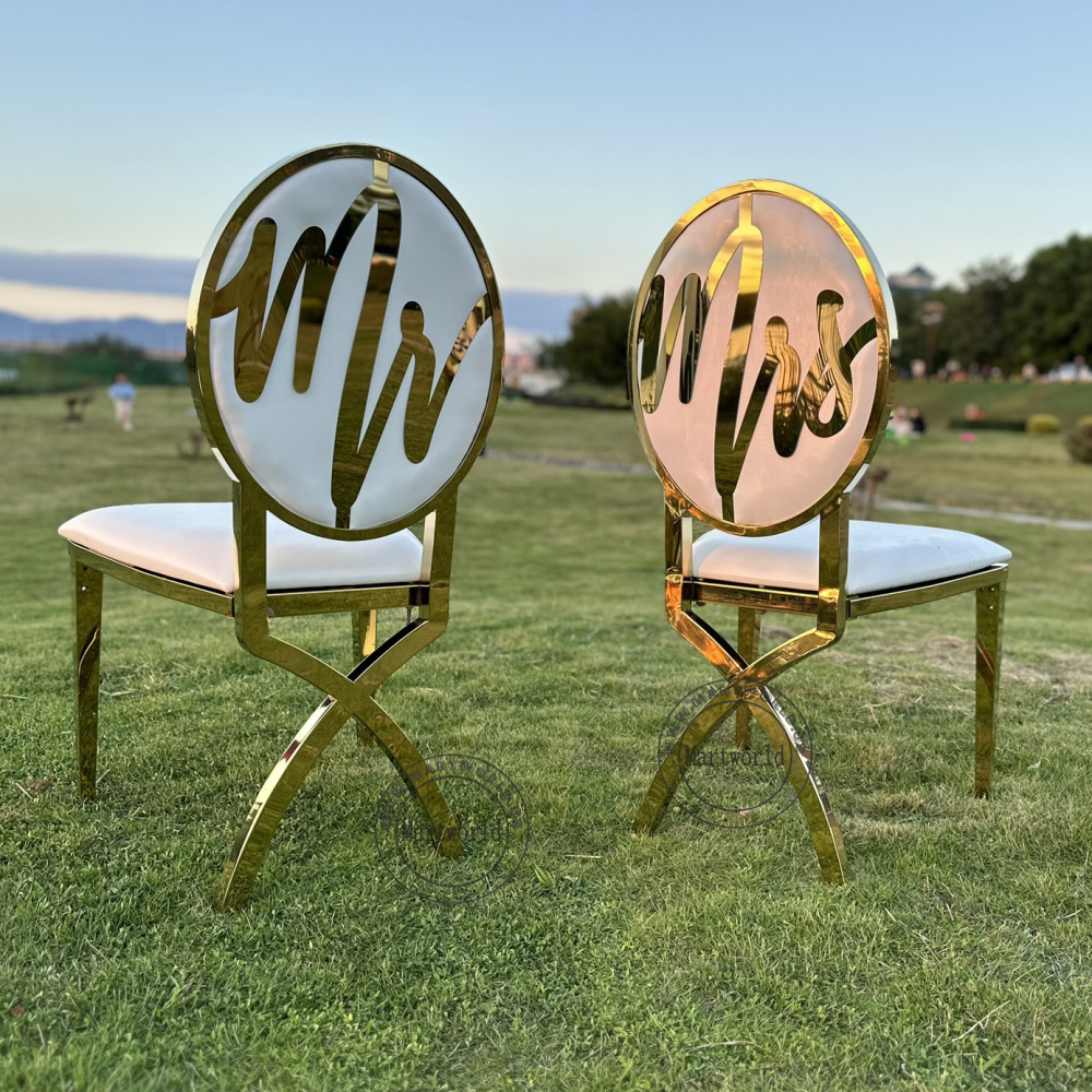Mr & Mrs Wedding Chairs Set Gold Metal Dining Chairs Bridal Shower Ceremony Birthday Party Event Decoration Chairs with Interchangeable Back Logo