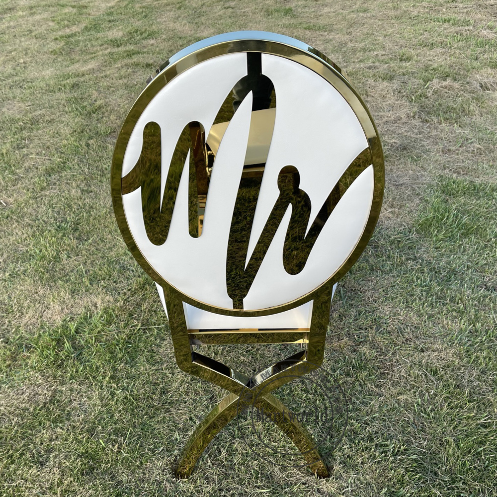 Mr & Mrs Wedding Chairs Set Gold Metal Dining Chairs Bridal Shower Ceremony Birthday Party Event Decoration Chairs with Interchangeable Back Logo