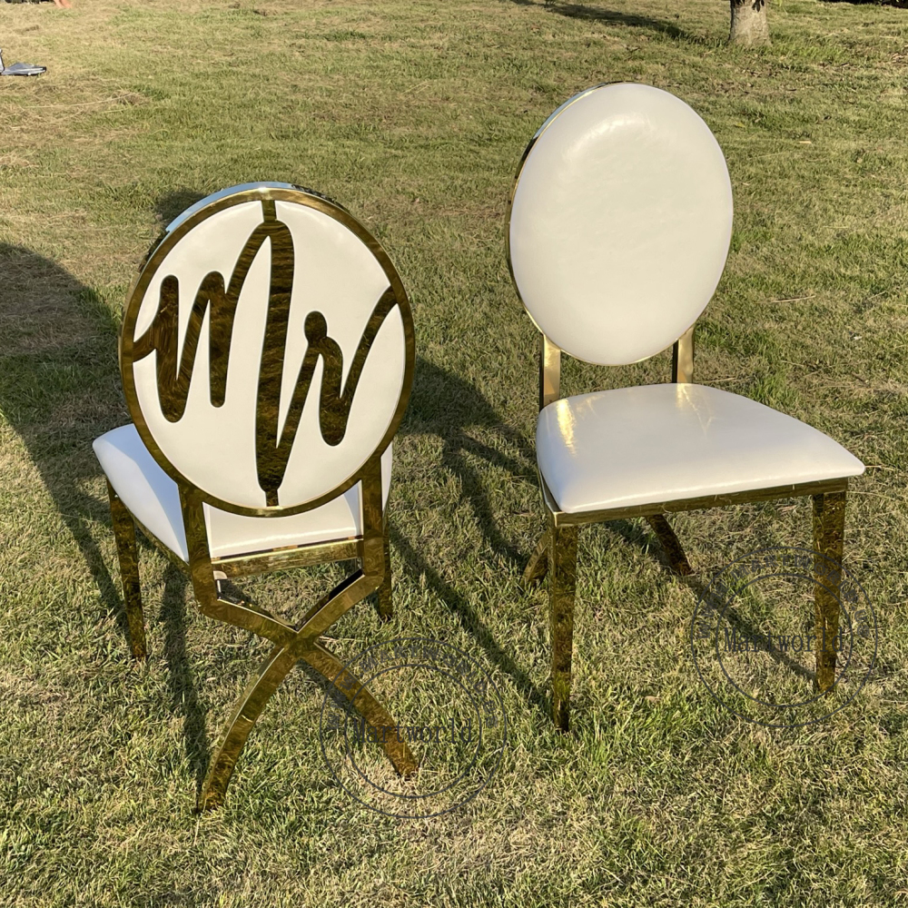 Mr & Mrs Wedding Chairs Set Gold Metal Dining Chairs Bridal Shower Ceremony Birthday Party Event Decoration Chairs with Interchangeable Back Logo