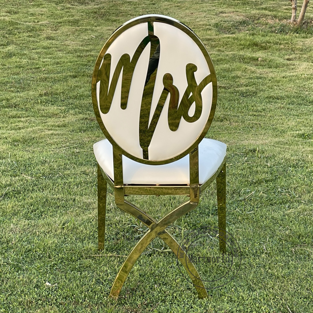 Mr & Mrs Wedding Chairs Set Gold Metal Dining Chairs Bridal Shower Ceremony Birthday Party Event Decoration Chairs with Interchangeable Back Logo