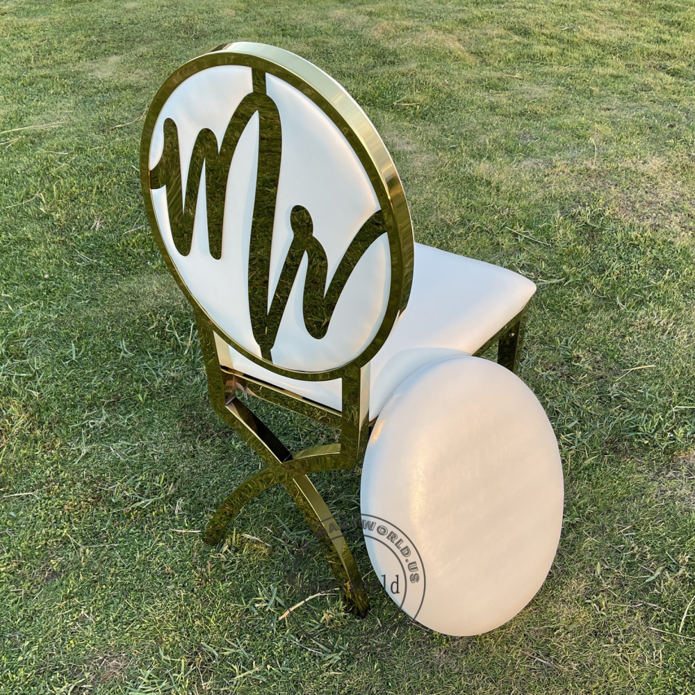 Mr & Mrs Wedding Chairs Set Gold Metal Dining Chairs Bridal Shower Ceremony Birthday Party Event Decoration Chairs with Interchangeable Back Logo