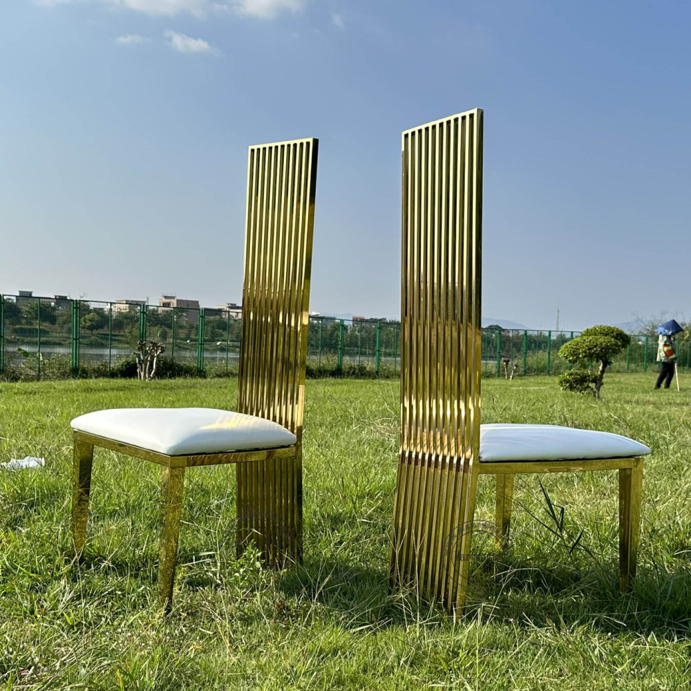 Gold High Back Chair Luxury Stainless Steel Dining Chair Elegant Banquet Chair Wedding Party Chair Bridal Shower Event Chair Church Ceremony Table Decoration