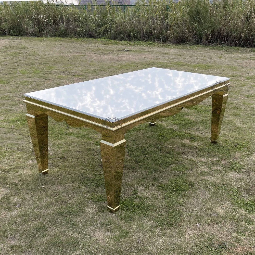 large rectanglar table home decoration modern shiny surface stainless steel rectangle table bottom golden corner white wooden desktop indoor outdoor table wedding party event hotel hall dinning decoration
