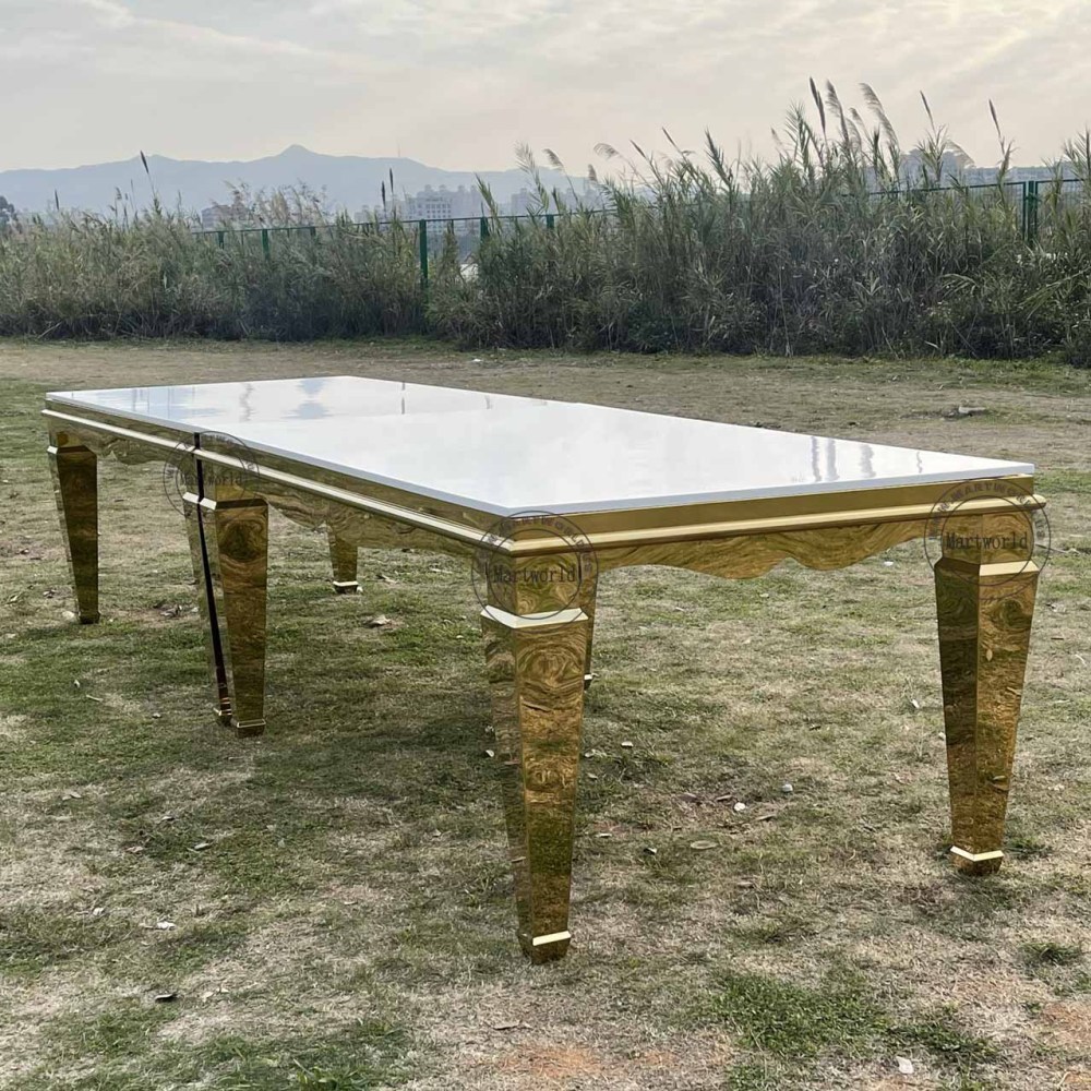 large rectanglar table home decoration modern shiny surface stainless steel rectangle table bottom golden corner white wooden desktop indoor outdoor table wedding party event hotel hall dinning decoration