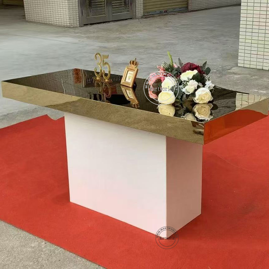 gold  rectangle dining table event table wedding cake table home decoration rectangular pedestal table for wedding bride and groom Wedding table for Couplebridal shower party events banquet table birthday cake table