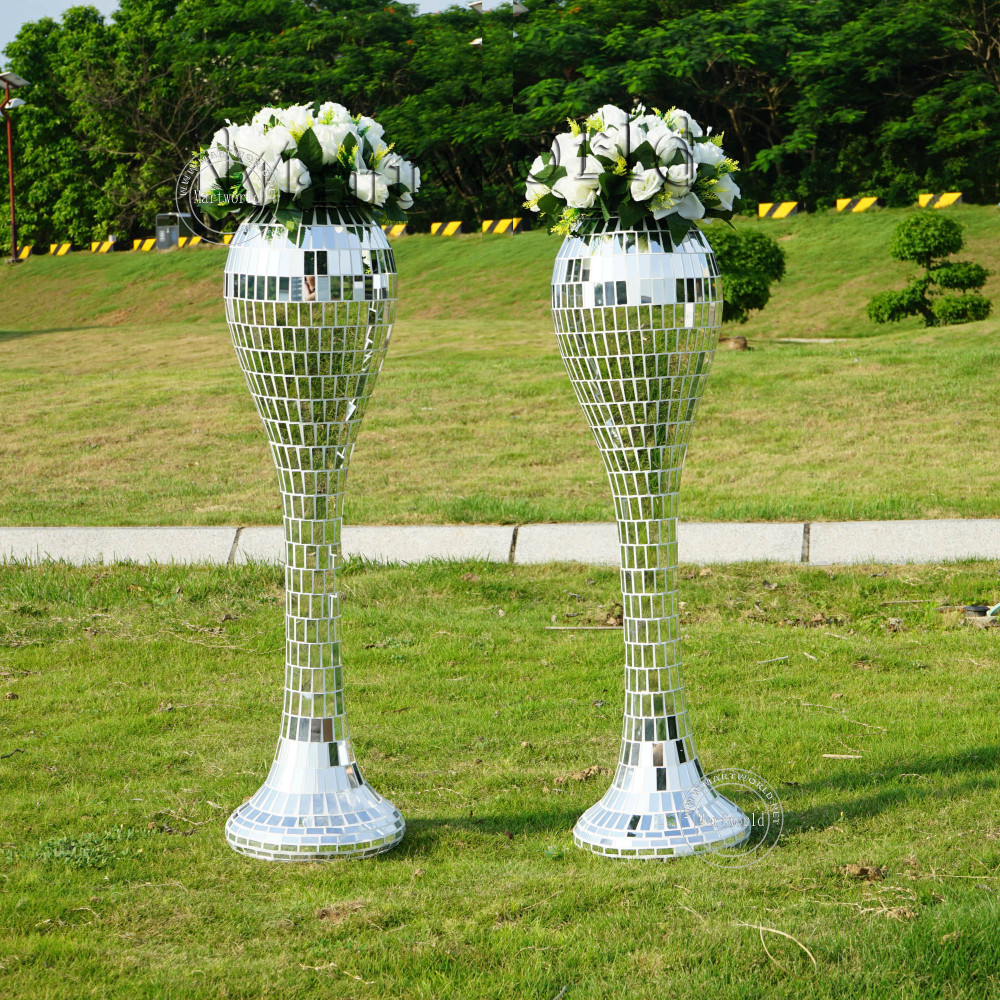 silver mirror fiber glass tall floor flower vase centerpiece wedding flower stand home decoration party event ceremony decoration aisle decoration