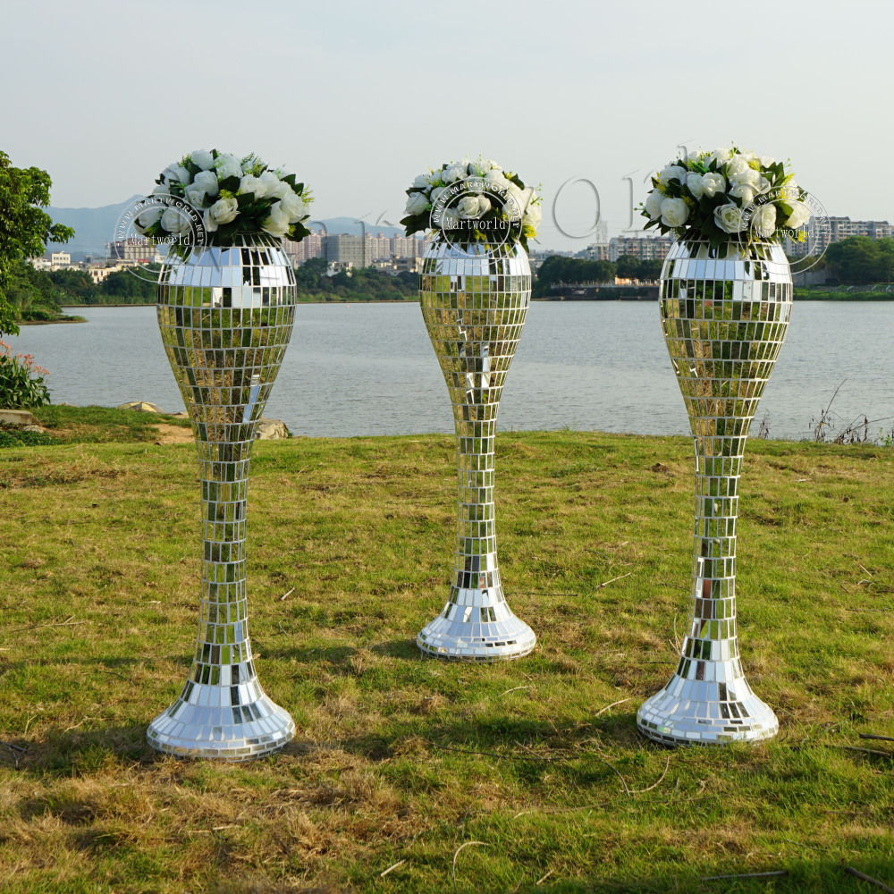 silver mirror fiber glass tall floor flower vase centerpiece wedding flower stand home decoration party event ceremony decoration aisle decoration