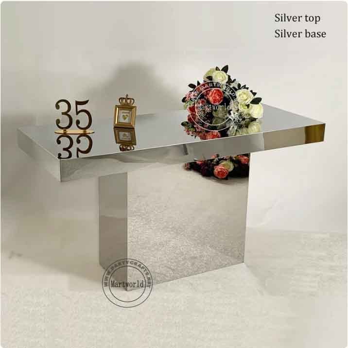 silver mirrored rectangle pedestal table for wedding bride and groom bridal shower couples shower flower table home decoration baby shower cupcake table birthday cake table rectangular table