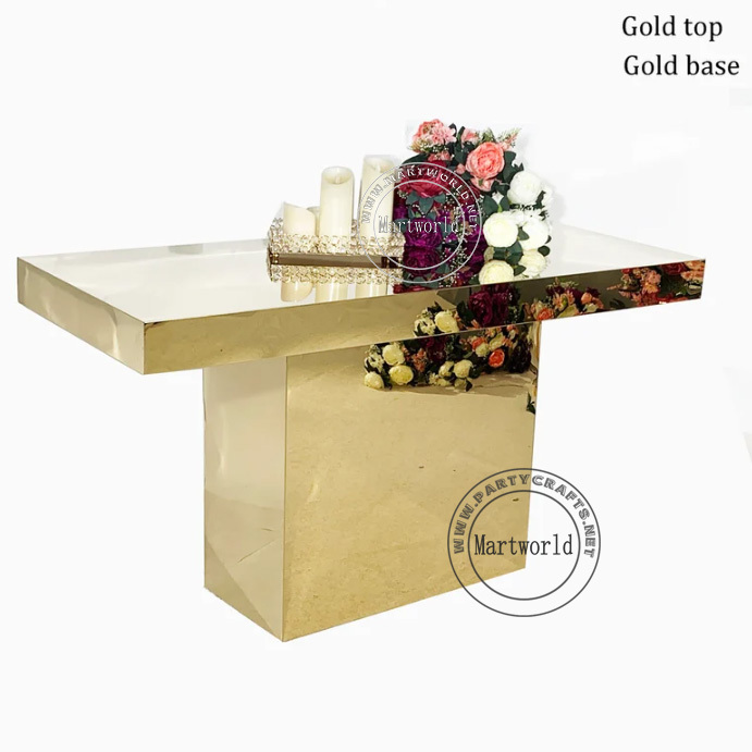 gold shiny surface rectangle dining table event table cake table removable pedestal table home decoration wedding bride & groom bridal shower table party events banquet table birthday cake table rectangular table