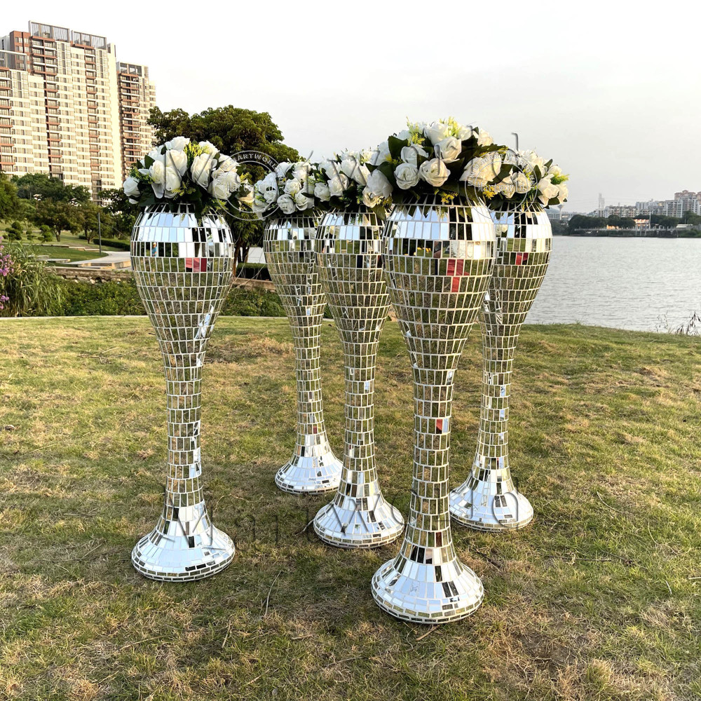 silver mirror fiber glass tall floor flower vase centerpiece wedding flower stand home decoration party event ceremony decoration aisle decoration