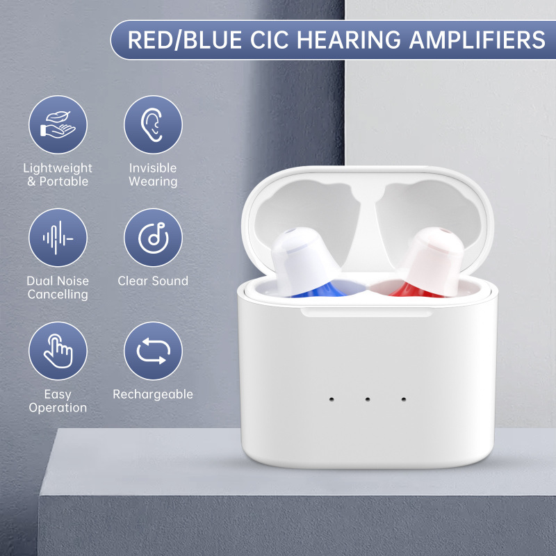 1 Pair Hearing Aids for Seniors Rechargeable with Noise Cancelling, Nearly Invisible Hearing Amplifiers Device for Adults, 1 Pair for Both Ears, Magnetic Contact Charging Case, Red & Blue