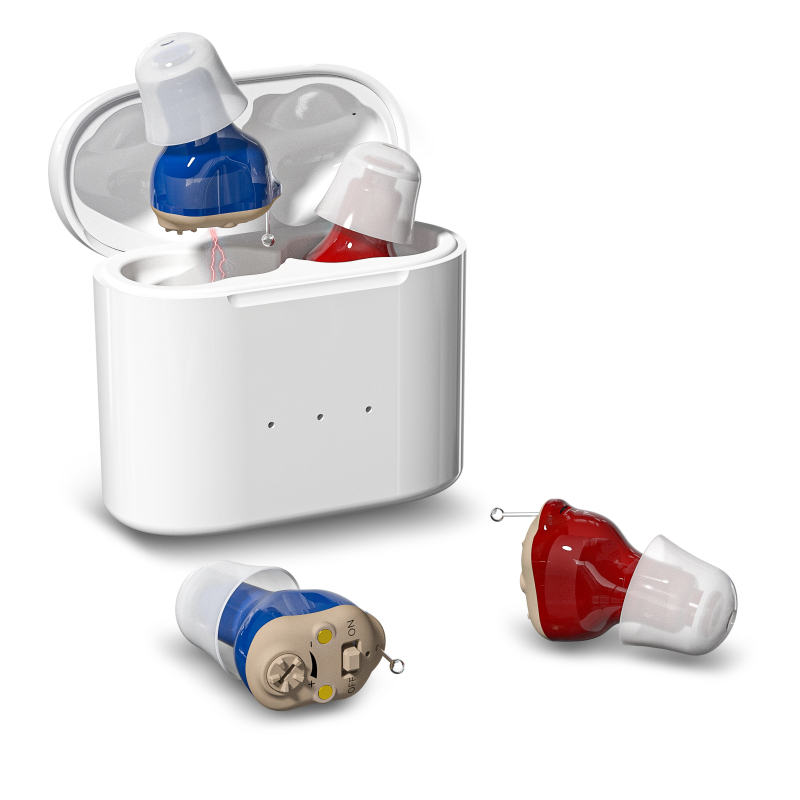 1 Pair Hearing Aids for Seniors Rechargeable with Noise Cancelling, Nearly Invisible Hearing Amplifiers Device for Adults, 1 Pair for Both Ears, Magnetic Contact Charging Case, Red & Blue