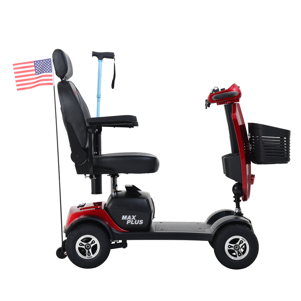 MAX PLUS RED 4 Wheels Outdoor Compact Mobility Scooter with 2pcs*20AH Lead acid Battery, 16 Miles, Cuo Holders & USB charger Port