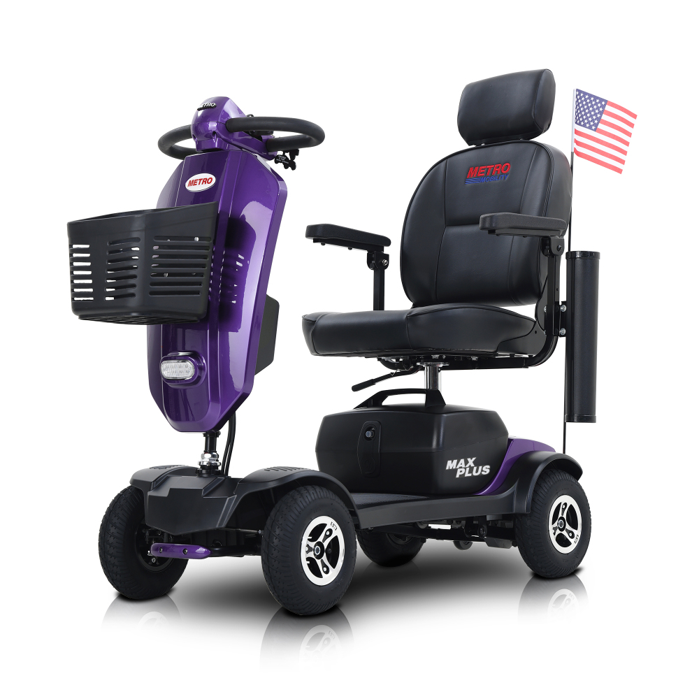 MAX PLUS Purple 4 Wheels Outdoor Compact Mobility Scooter with 2pcs*20AH Lead acid Battery, 16 Miles, Cuo Holders & USB charger Port