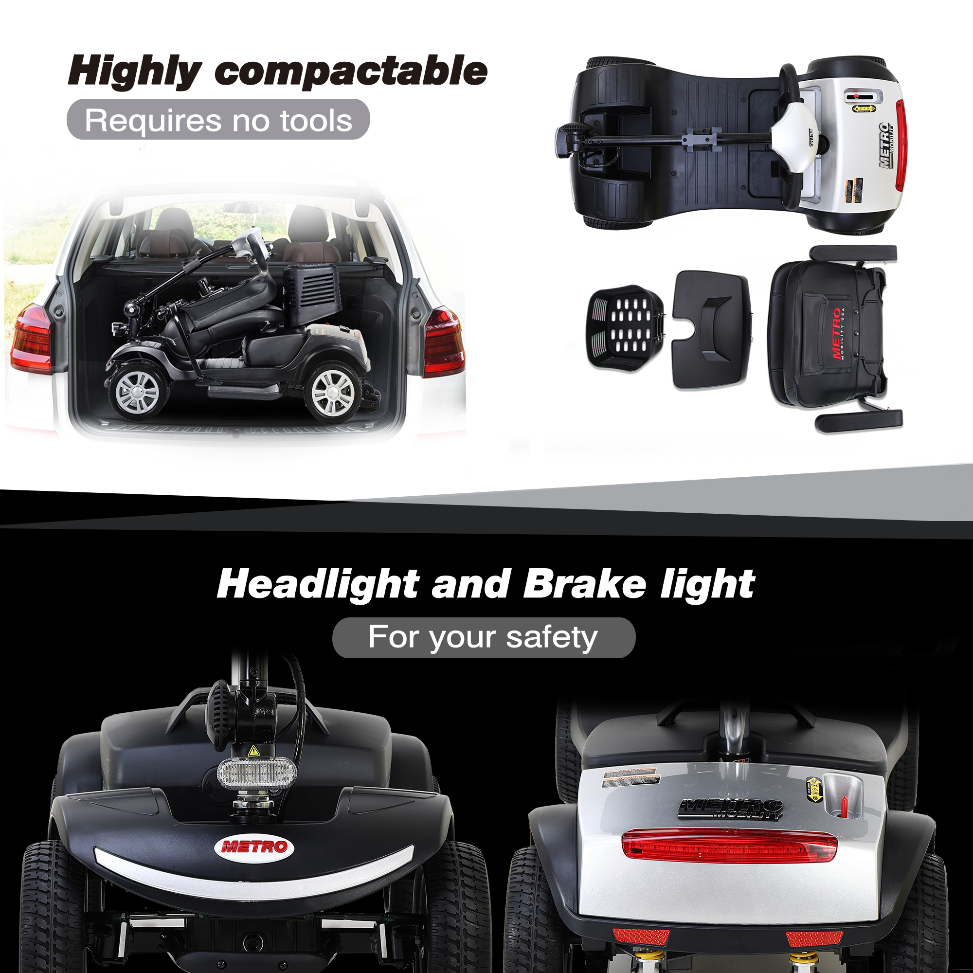 Four wheels Compact Travel Mobility Scooter with 300W Motor for Adult-300lbs,  SILVER