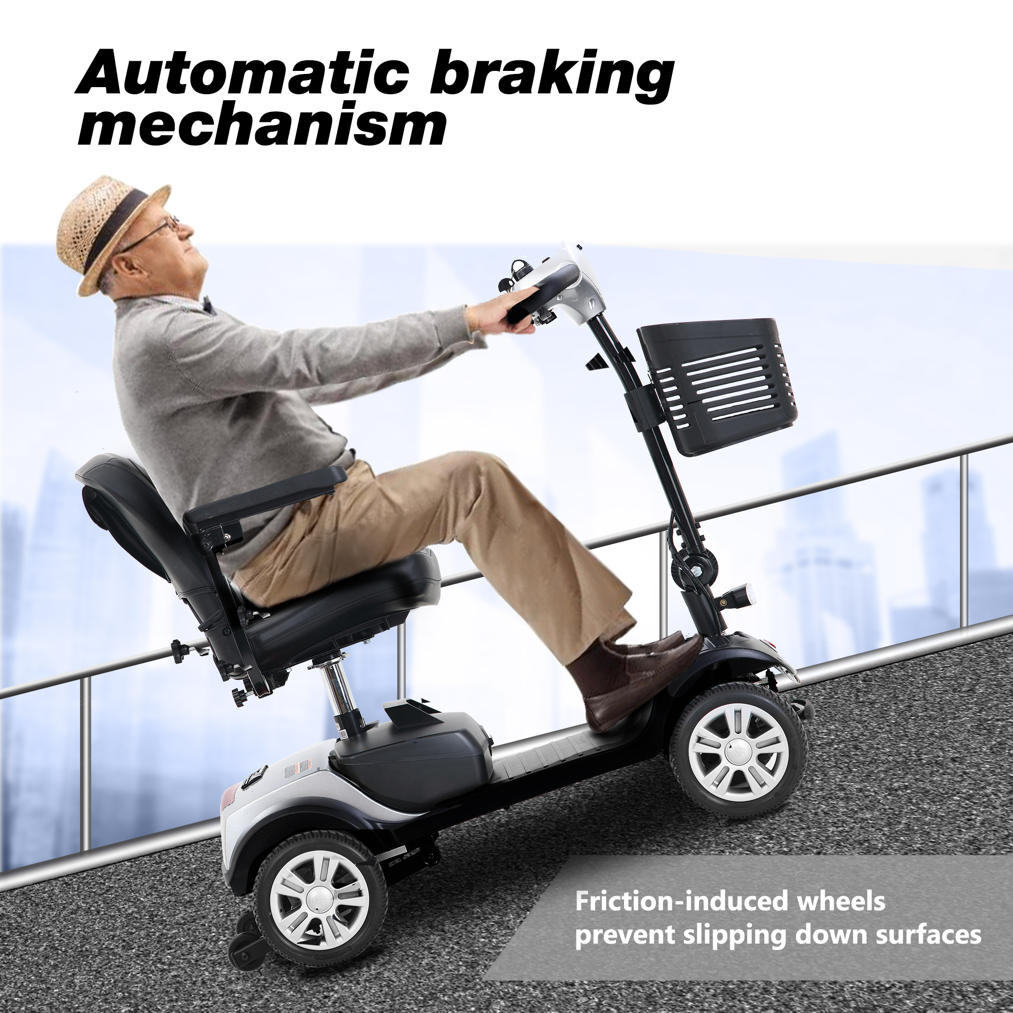 Four wheels Compact Travel Mobility Scooter with 300W Motor for Adult-300lbs,  SILVER