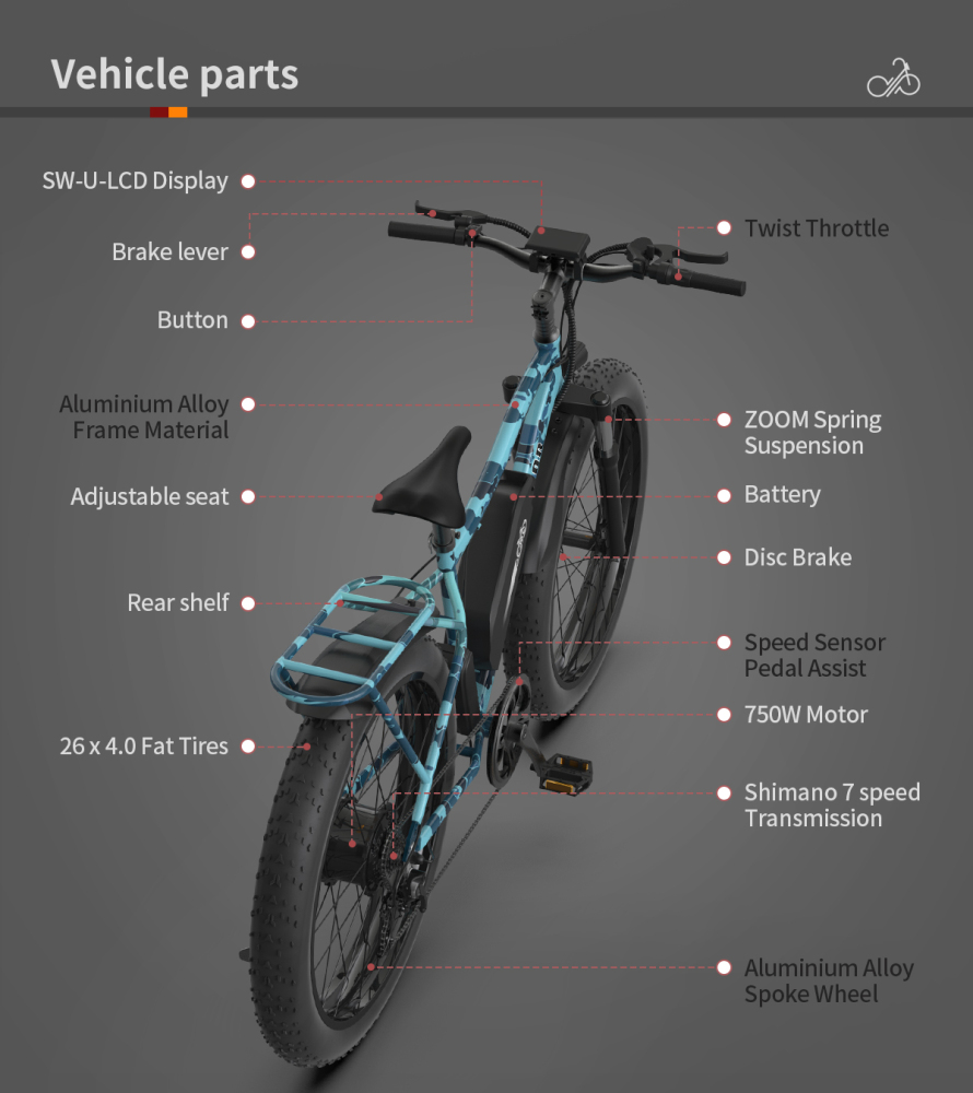 S07-F 26" 750W Electric Bike Fat Tire P7 48V 13AH Removable Lithium Battery for Adults with Detachable Rear Rack Fender New Model