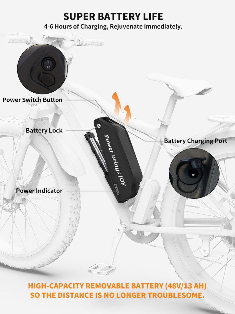S07-F 26" 750W Electric Bike Fat Tire P7 48V 13AH Removable Lithium Battery for Adults with Detachable Rear Rack Fender New Model