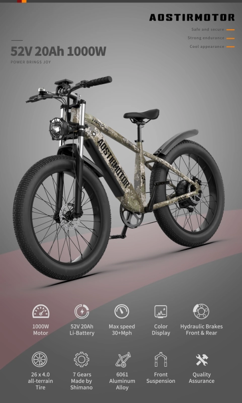 E-bike 26"1000W Electric Bike 52V 20Ah battery All-terrain EBike Mountain Bicycle