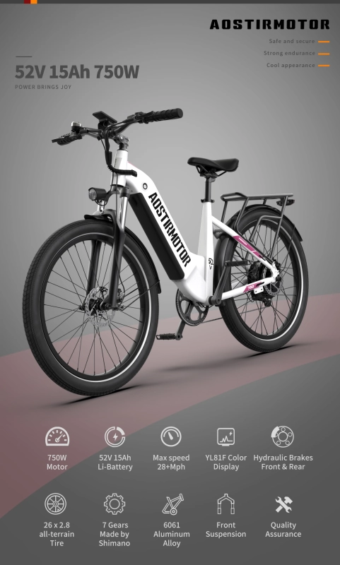 26" 750W Electric Bike Fat Tire 52V15AH Removable Lithium Battery for Adults