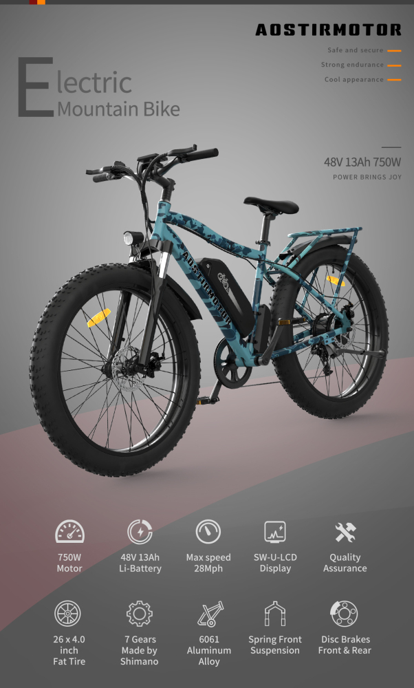 S07-F 26" 750W Electric Bike Fat Tire P7 48V 13AH Removable Lithium Battery for Adults with Detachable Rear Rack Fender New Model