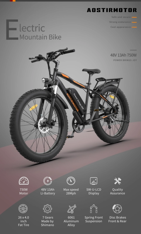 S07-B 26" 750W Electric Bike Fat Tire P7 48V 12.5AH Removable Lithium Battery for Adults with Detachable Rear Rack Fender(Black)