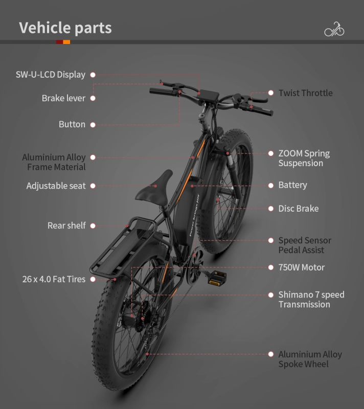 S07-B 26" 750W Electric Bike Fat Tire P7 48V 12.5AH Removable Lithium Battery for Adults with Detachable Rear Rack Fender(Black)