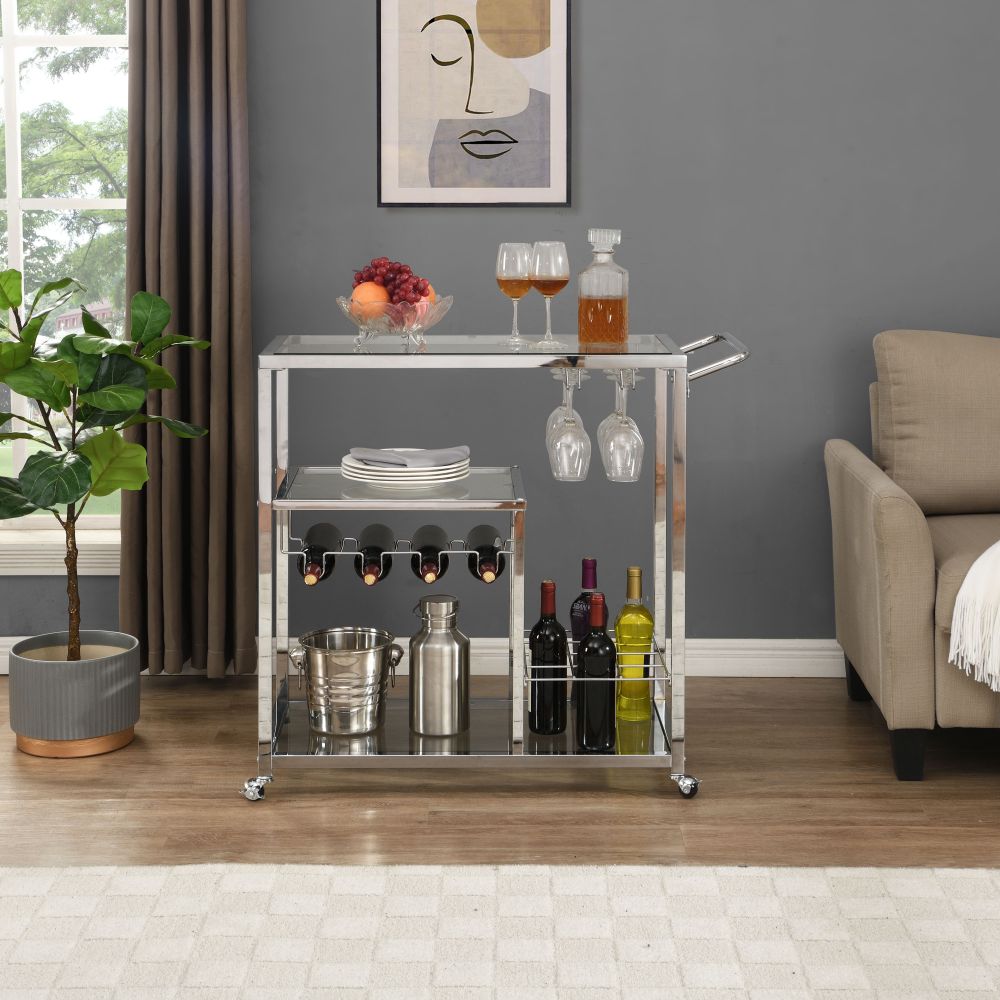 Silver Modern Glass Metal Frame Chrome Mobile Bar Cart Serving Wine Cart Outdoor Serving Cart with Wheels