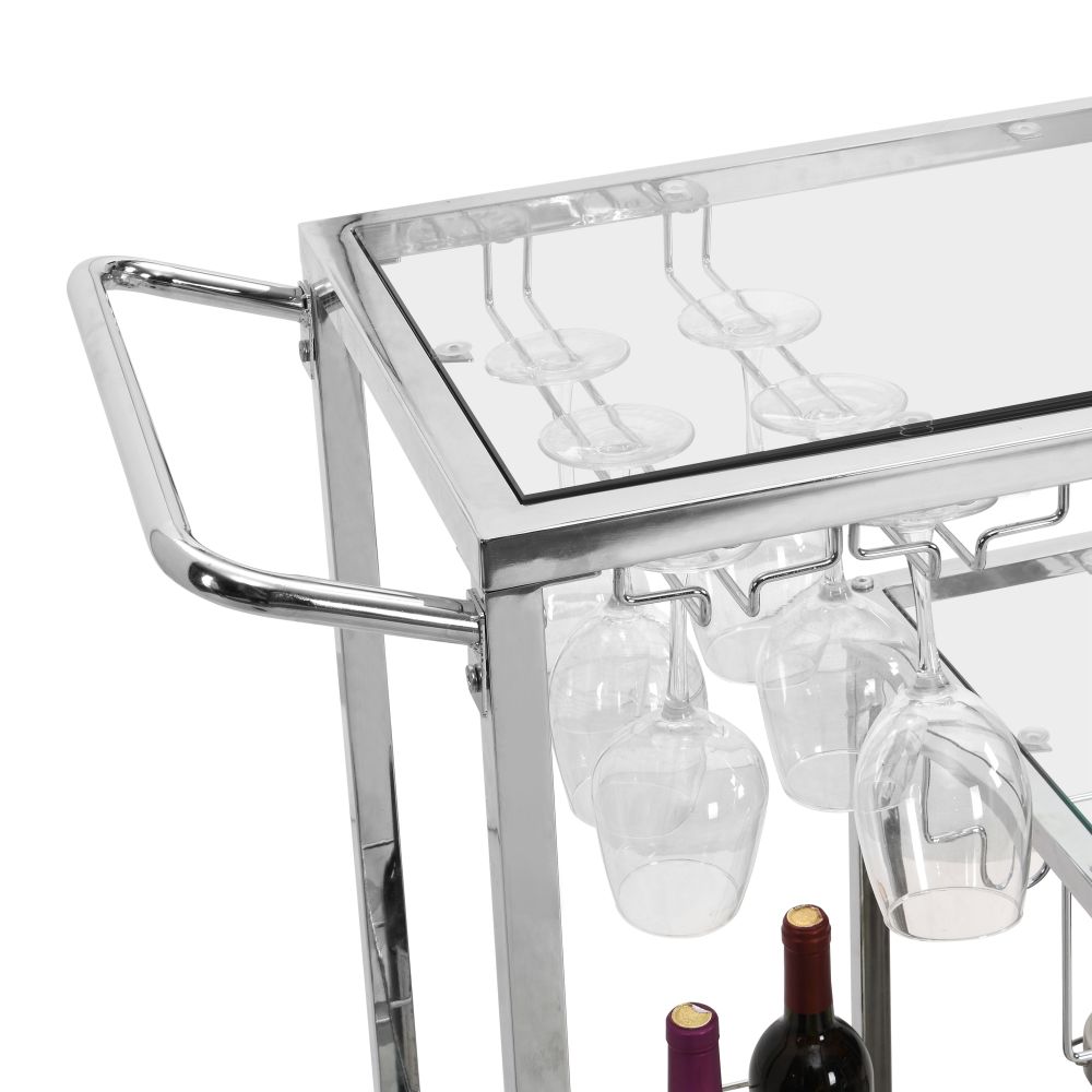Silver Modern Glass Metal Frame Chrome Mobile Bar Cart Serving Wine Cart Outdoor Serving Cart with Wheels