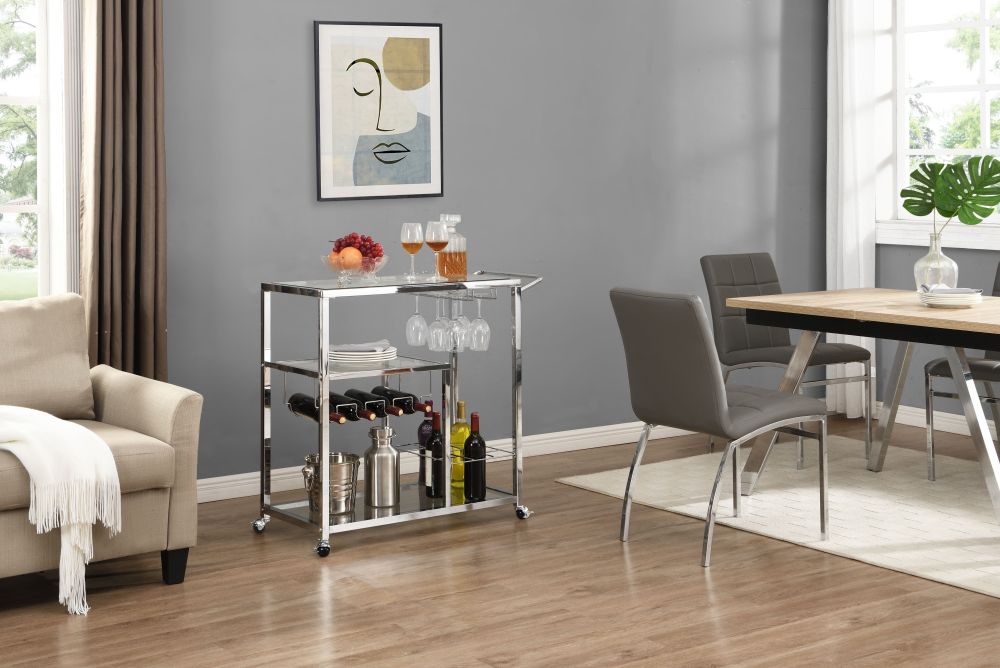 Silver Modern Glass Metal Frame Chrome Mobile Bar Cart Serving Wine Cart Outdoor Serving Cart with Wheels