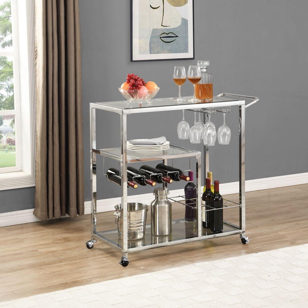 Silver Modern Glass Metal Frame Chrome Mobile Bar Cart Serving Wine Cart Outdoor Serving Cart with Wheels