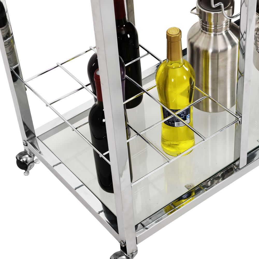 Silver Modern Glass Metal Frame Chrome Mobile Bar Cart Serving Wine Cart Outdoor Serving Cart with Wheels