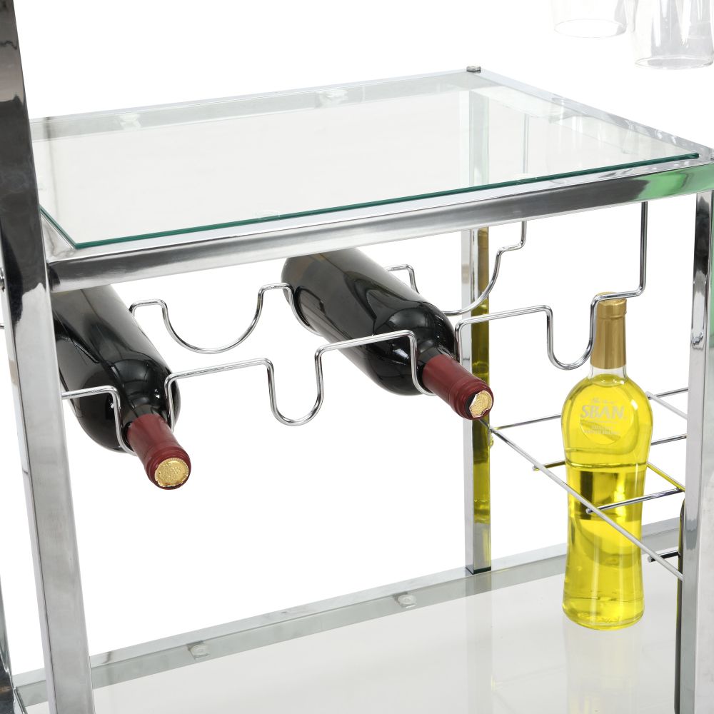 Silver Modern Glass Metal Frame Chrome Mobile Bar Cart Serving Wine Cart Outdoor Serving Cart with Wheels