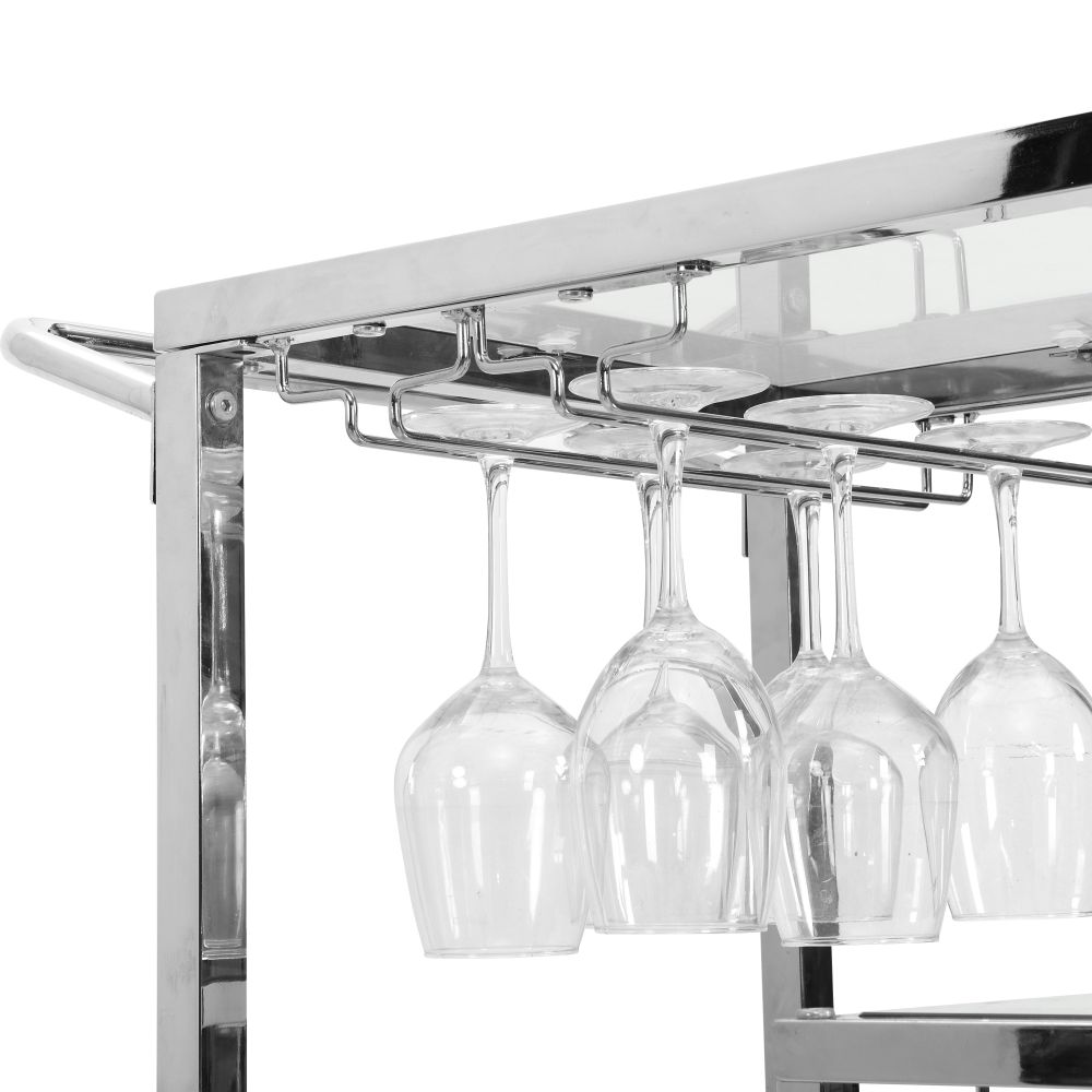 Silver Modern Glass Metal Frame Chrome Mobile Bar Cart Serving Wine Cart Outdoor Serving Cart with Wheels