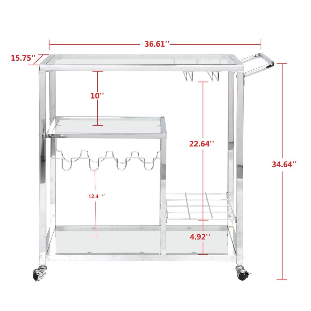 Silver Modern Glass Metal Frame Chrome Mobile Bar Cart Serving Wine Cart Outdoor Serving Cart with Wheels