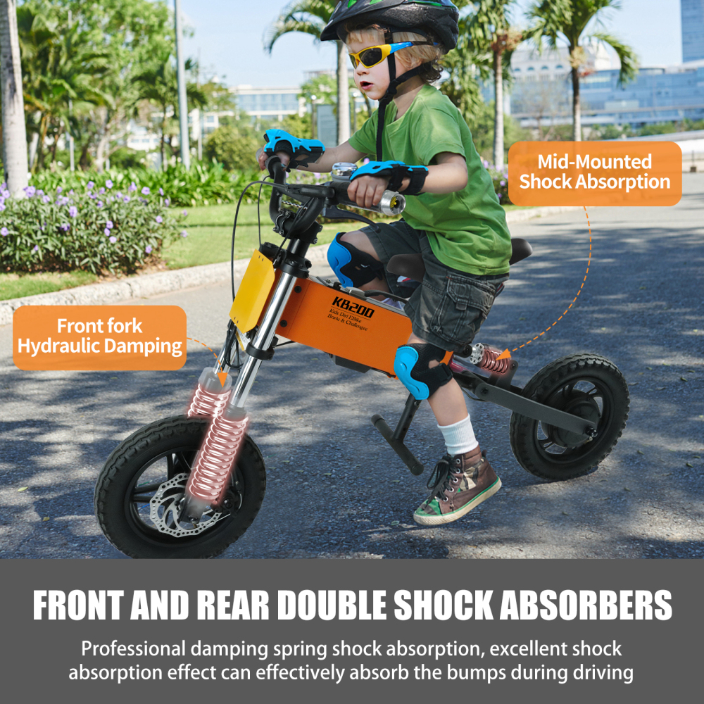 Xspracer 12-in Children Outdoor Off-road E-bike | 3 Speed Modes | Dual Shock Absorption | Full Suspension | Orange