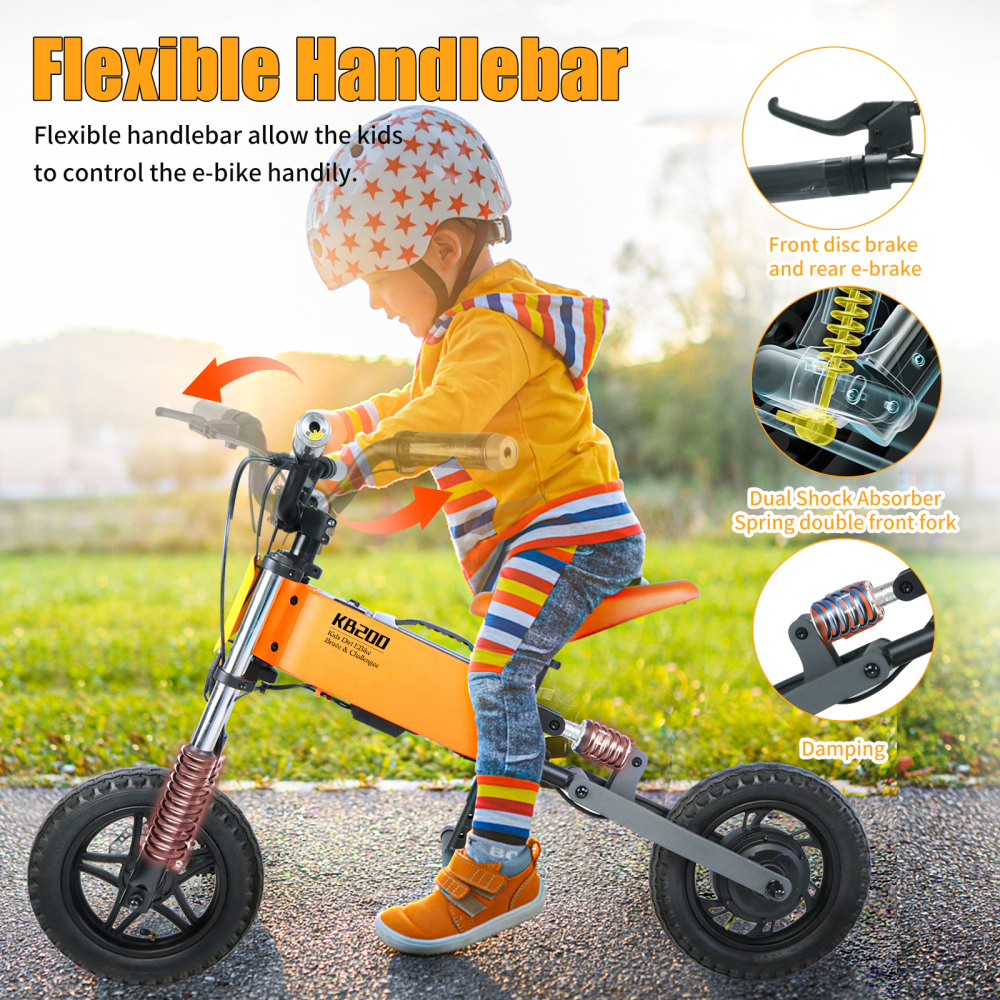 Xspracer 12-in Children Outdoor Off-road E-bike | 3 Speed Modes | Dual Shock Absorption | Full Suspension | Orange