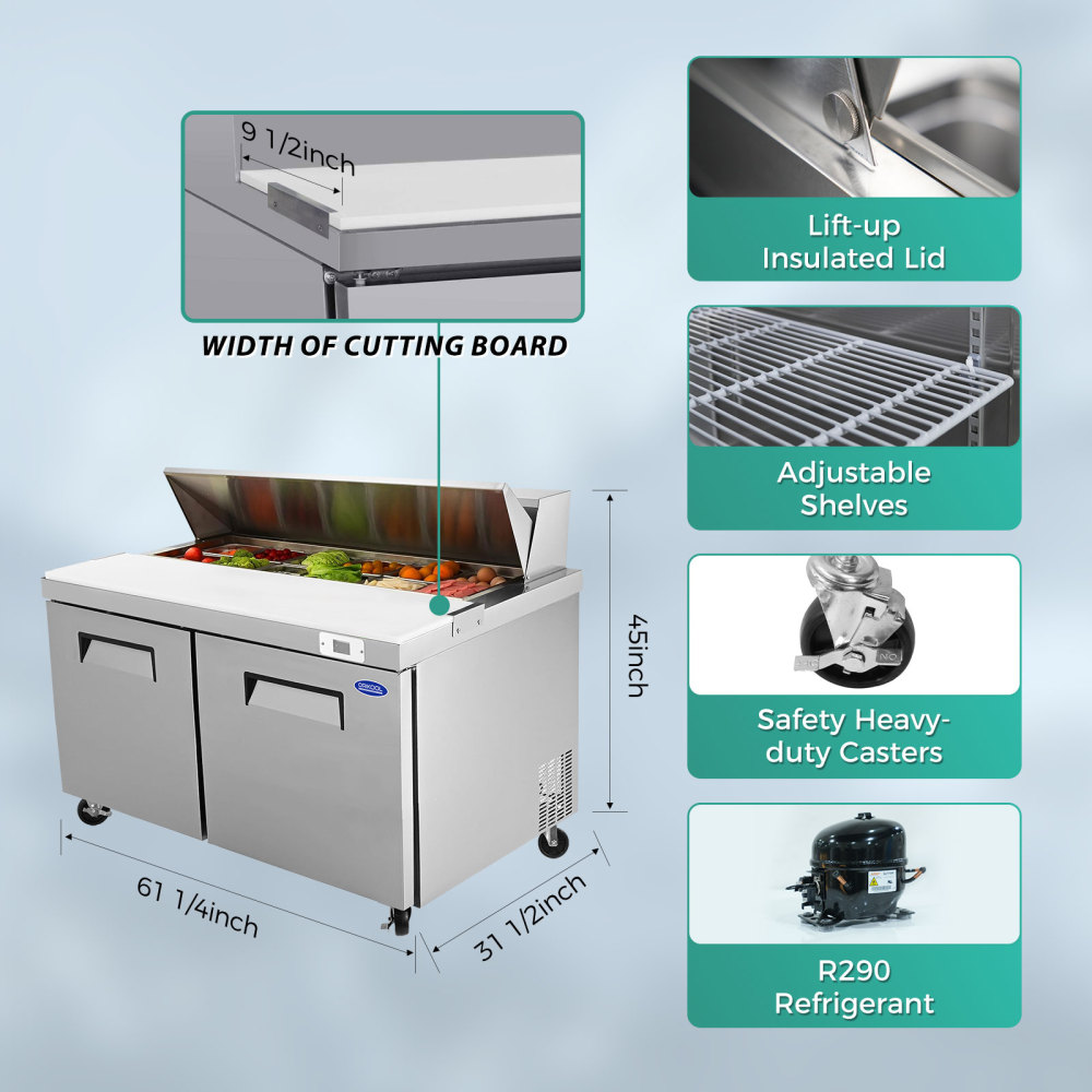 Xspracer 17.8-cu ft 2-Door Refrigerated Sandwich Prep Table (Stainless Steel)