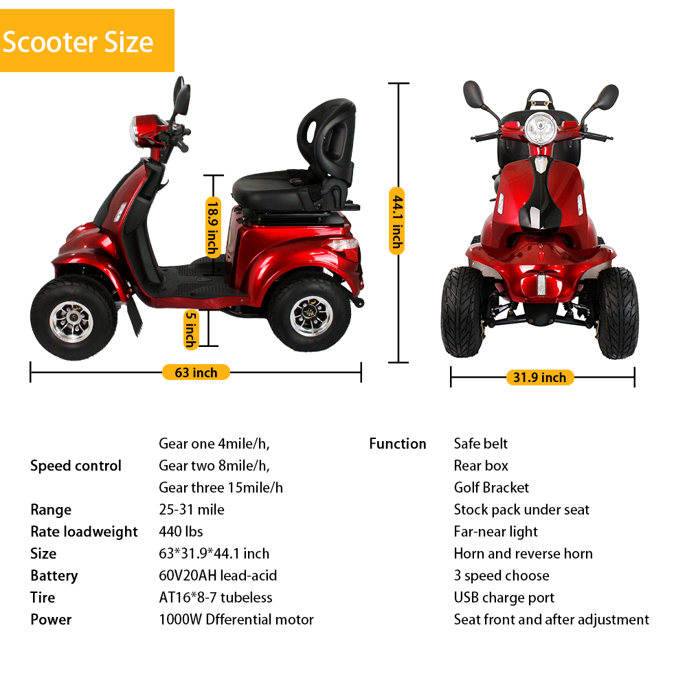 Xspracer AFDD-Red 4 Wheels Heavy Duty Mobility Scooter