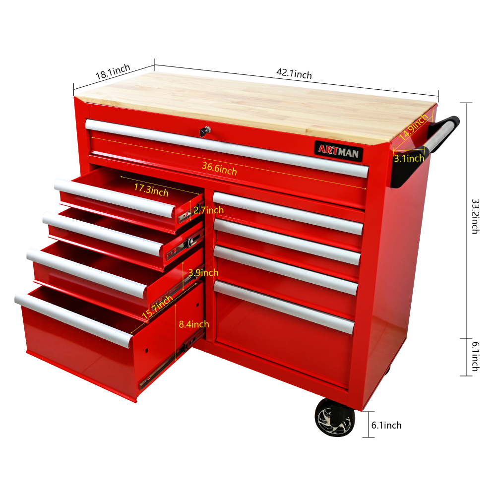 9 Drawers Multi-functional Tool Cart with Wheels and Wooden Top - Red