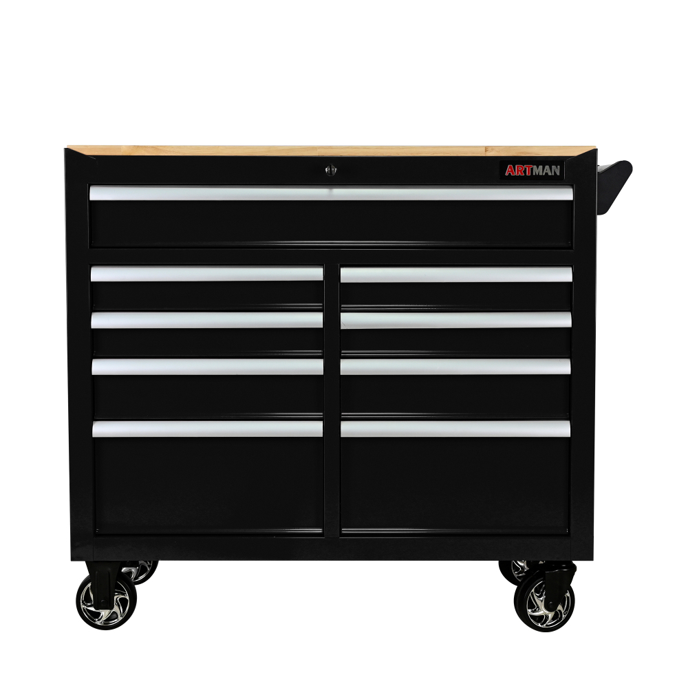 9 Drawers Multi-functional Tool Cart with Wheels and Wooden Top - Black