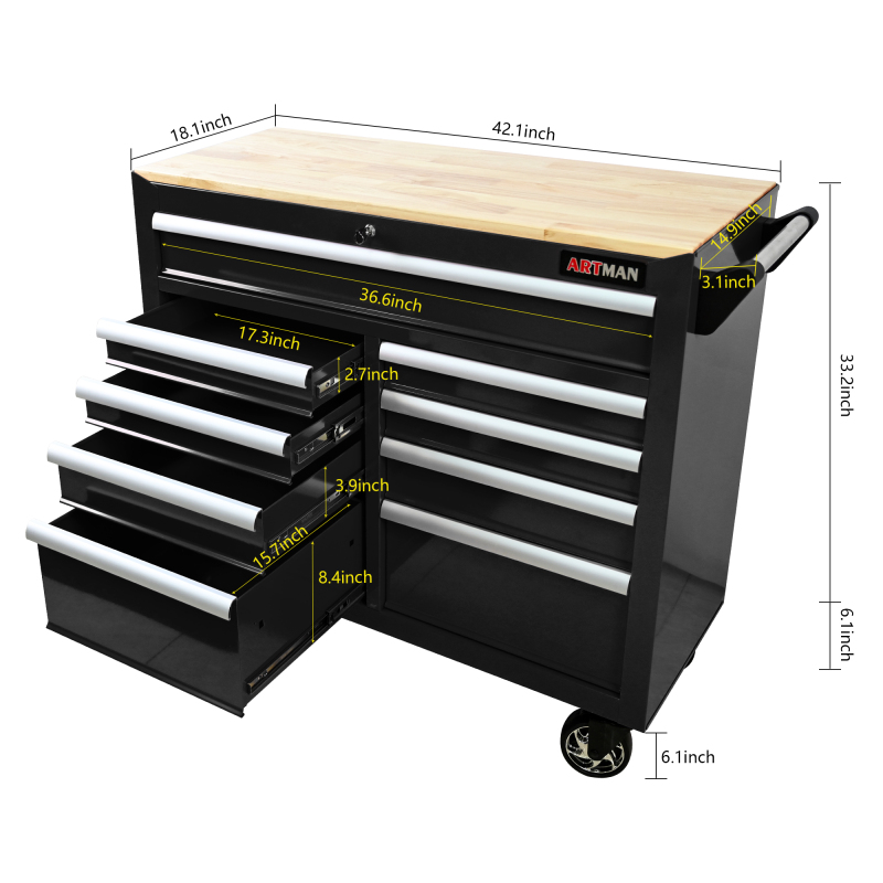 9 Drawers Multi-functional Tool Cart with Wheels and Wooden Top - Black