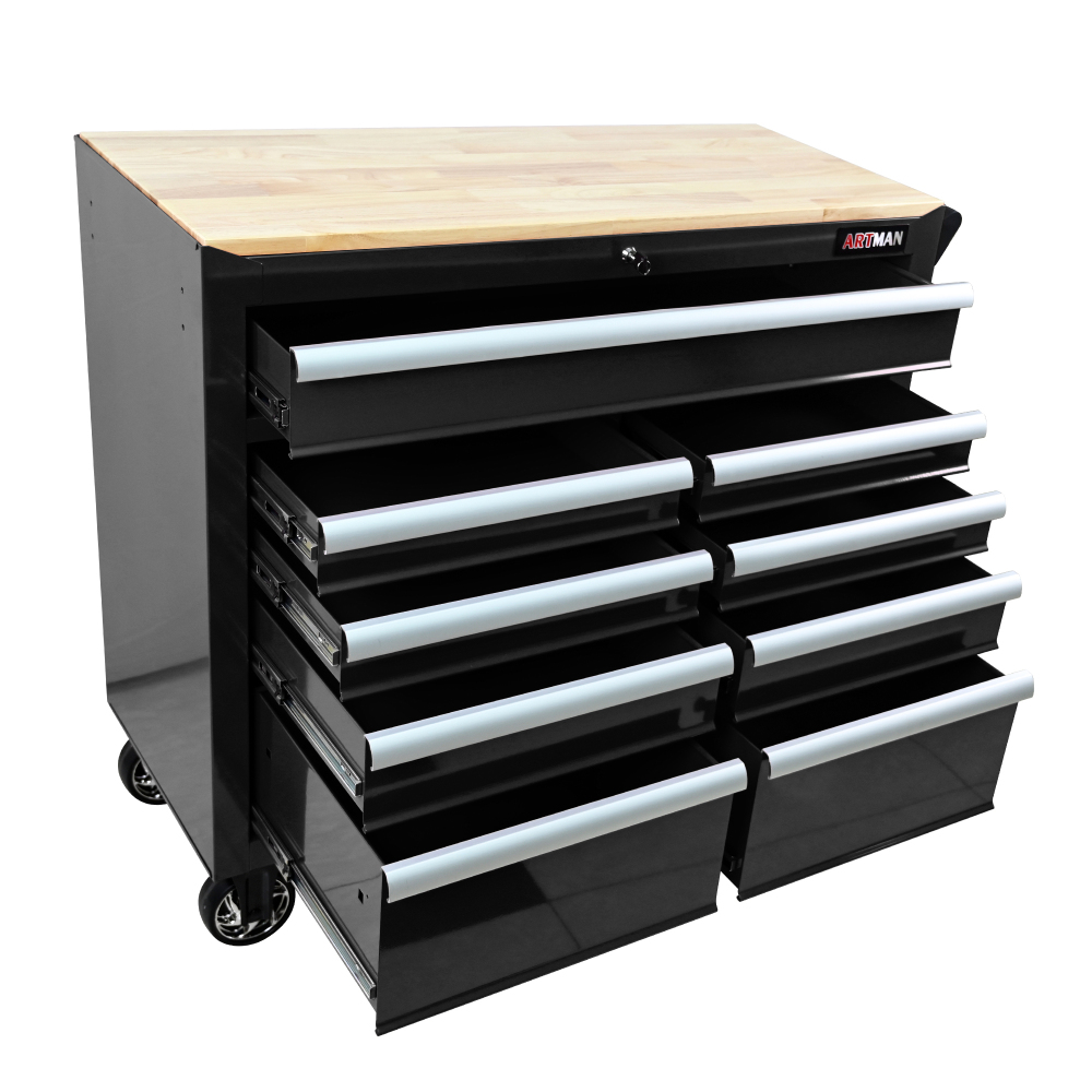 9 Drawers Multi-functional Tool Cart with Wheels and Wooden Top - Black