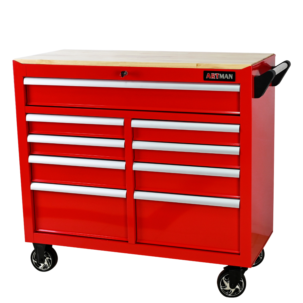 9 Drawers Multi-functional Tool Cart with Wheels and Wooden Top - Red